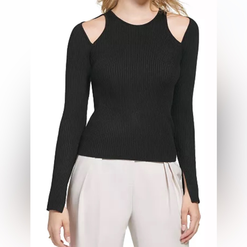 Calvin Klein Black Ribbed Cold Shoulder Long Sleeve Sweater Women’s Size Medium